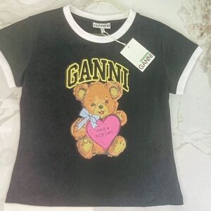 Ganni Black and White Kids T-Shirt with Teddy Bear Graphic